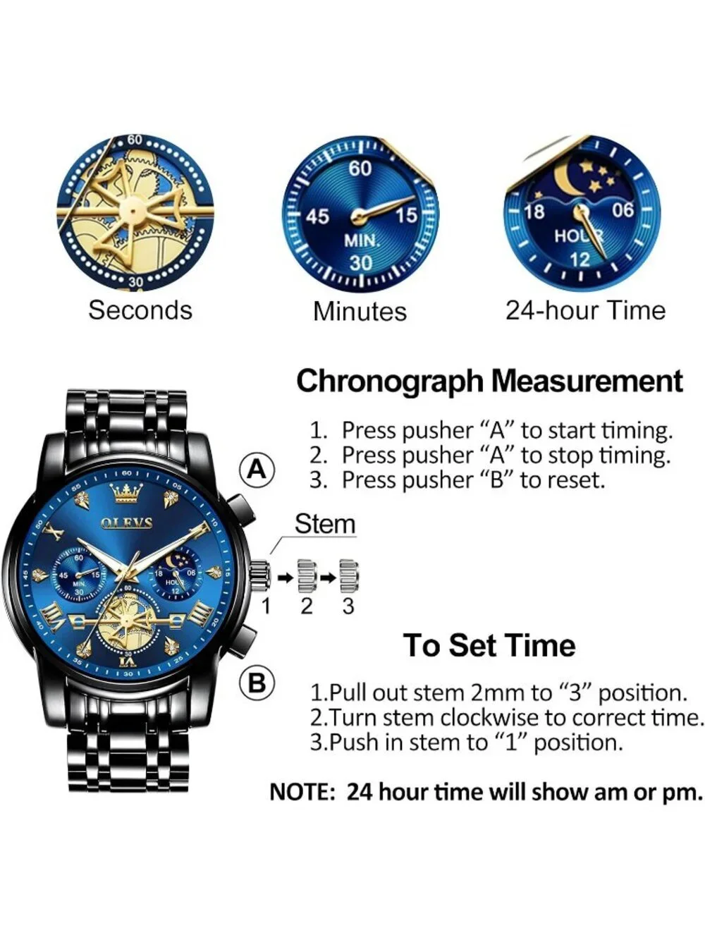 Men's Blue / Black Stainless Steel Chronograph Waterproof Quartz Dress Watch_5